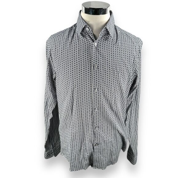 Hugo Boss Lukas F Shirt Mens Medium Black Blue White Cotton Geometric Button Up - Picture 1 of 12